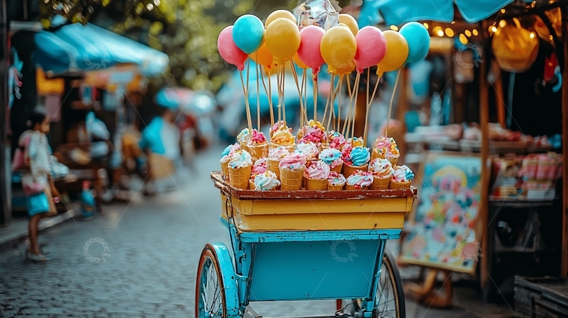 高清大图下载【趣麦麦图】彩色小推车甜品摊