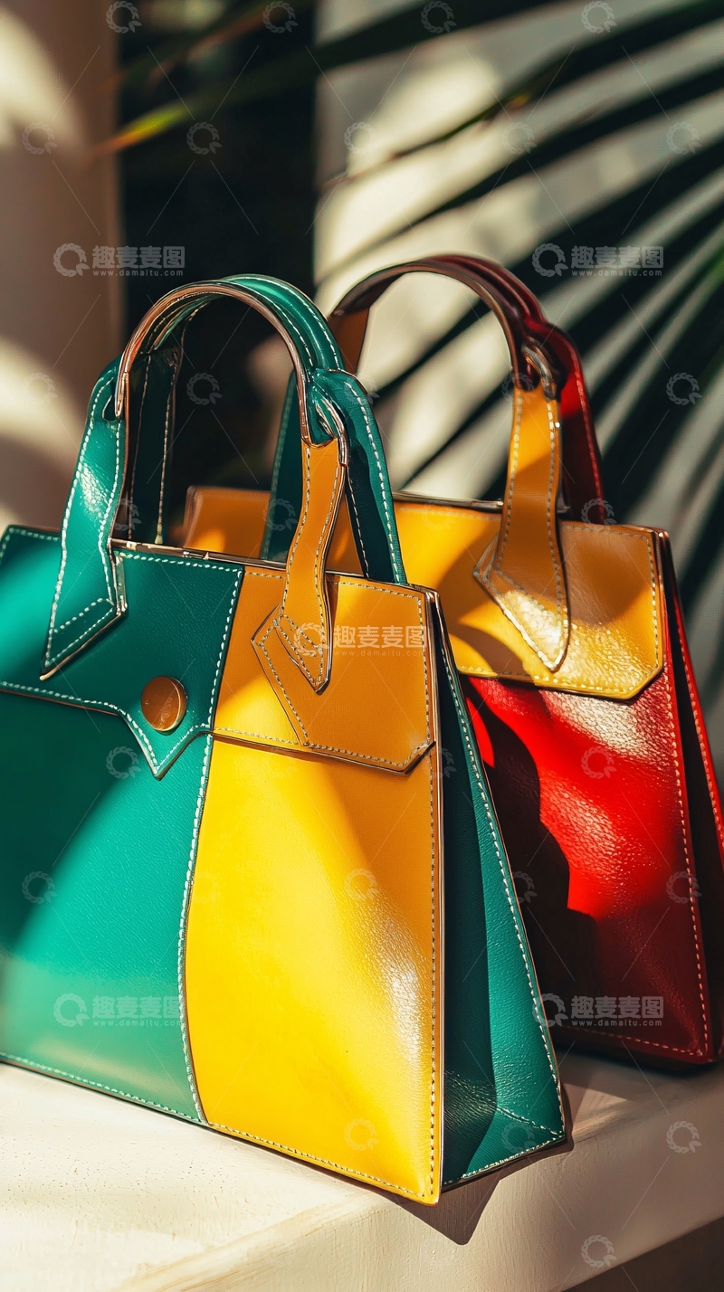 高清大图下载【趣麦麦图】双色拼接真皮手提包