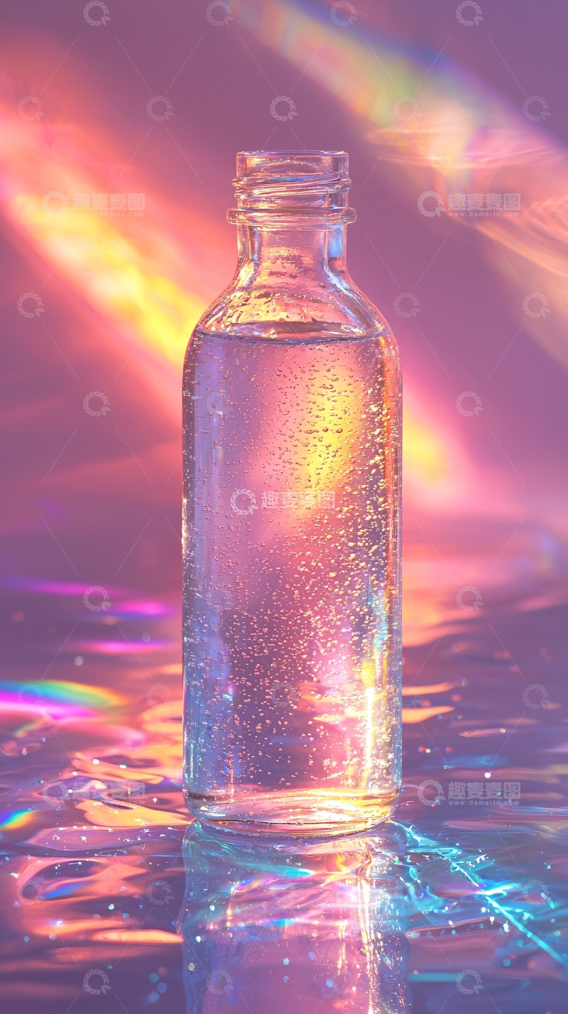 高清大图下载【趣麦麦图】彩虹光影下的玻璃瓶水