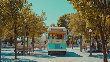 复古公交车树荫街道