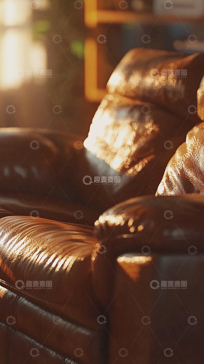 高清大图下载【趣麦麦图】阳光照射下的棕色真皮沙发