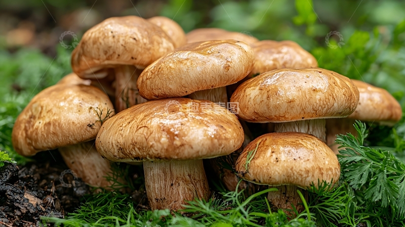 高清大图下载【趣麦麦图】棕色蘑菇簇生在绿草地上