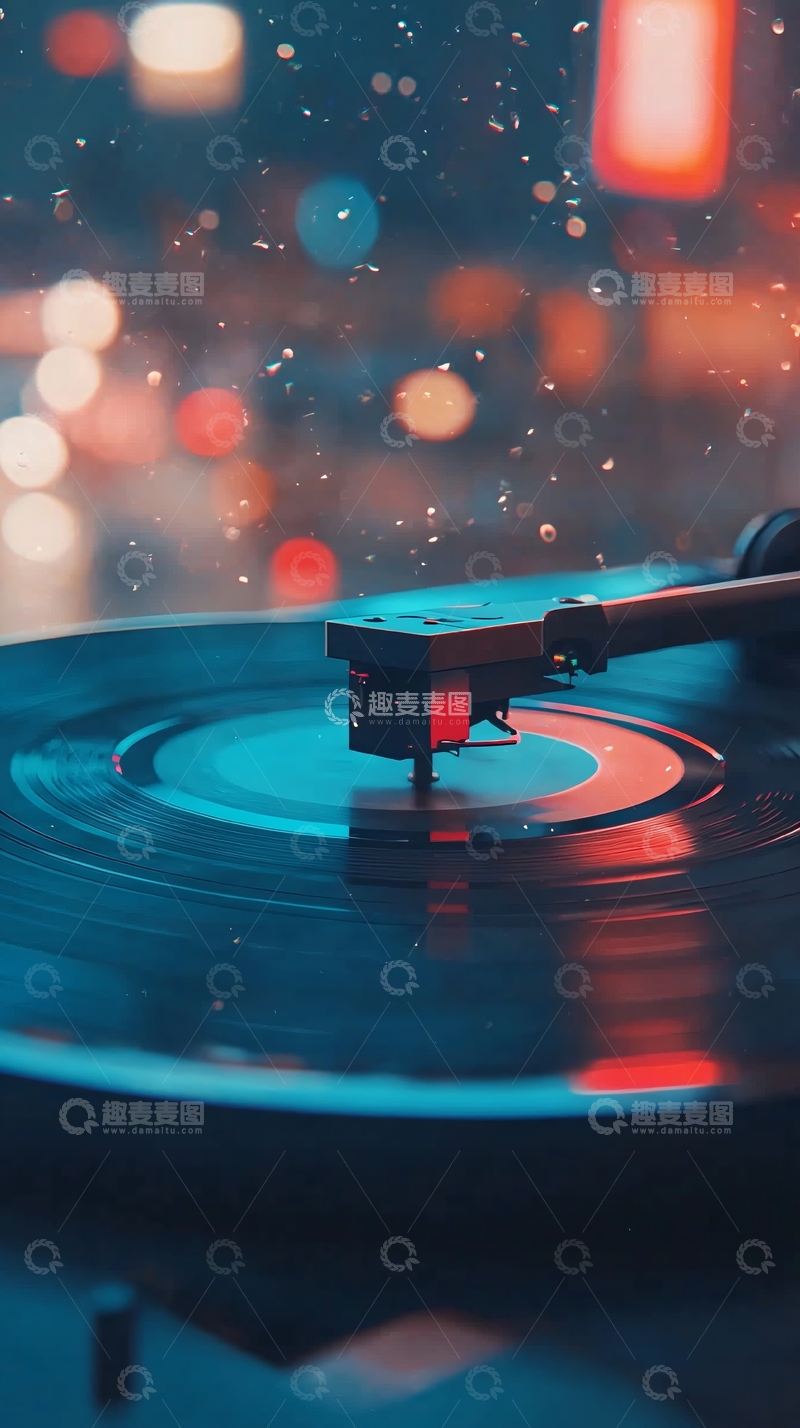 高清大图下载【趣麦麦图】黑胶唱片机夜景雨夜