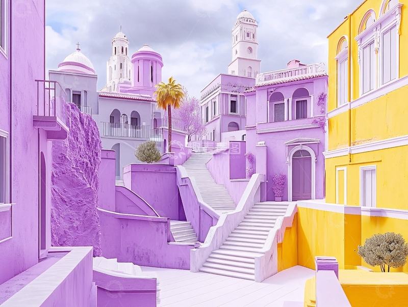 高清大图下载【趣麦麦图】淡紫色黄色城市风景