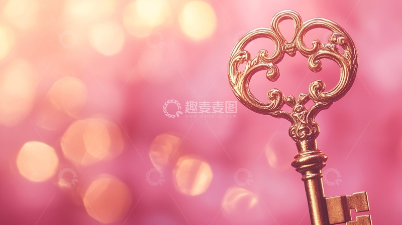 高清大图下载【趣麦麦图】粉色背景下复古金色钥匙