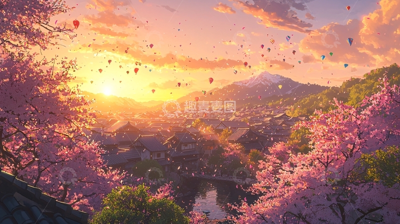 高清大图下载【趣麦麦图】夕阳下的樱花小镇