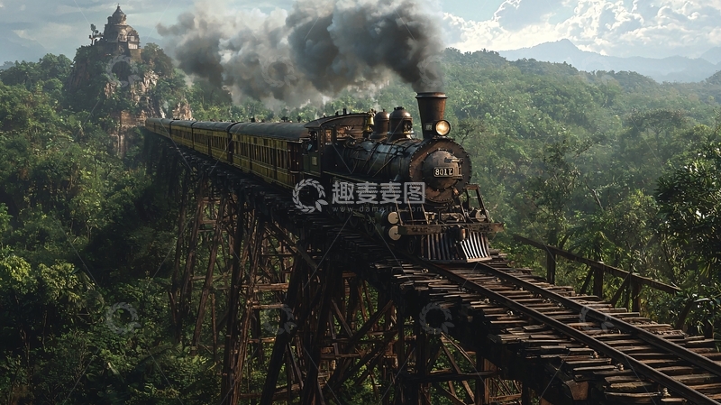 高清大图下载【趣麦麦图】蒸汽火车穿越丛林高架桥
