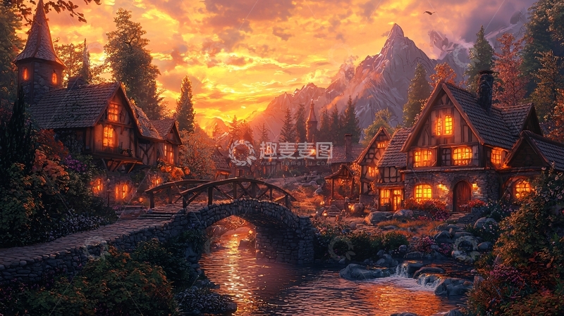 高清大图下载【趣麦麦图】村庄黄昏金色光芒