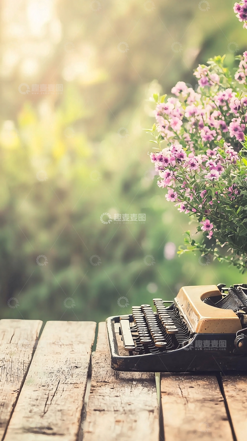 高清大图下载【趣麦麦图】复古打字机与紫花