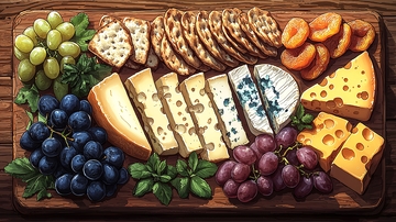 木板上的奶酪和水果拼盘