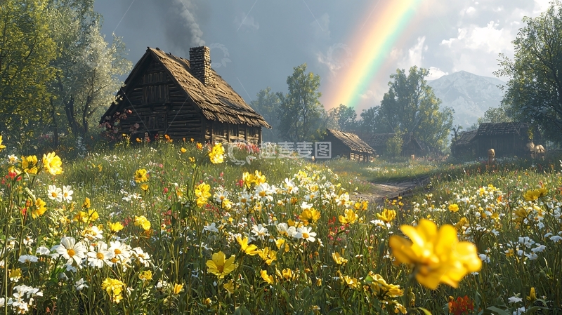 高清大图下载【趣麦麦图】田园小屋彩虹风景