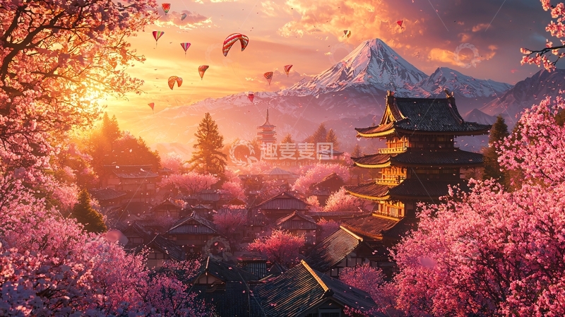高清大图下载【趣麦麦图】樱花盛开下的日式山景