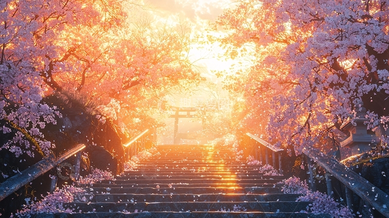 高清大图下载【趣麦麦图】夕阳下的樱花小路