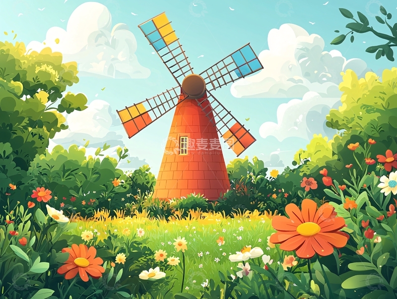 高清大图下载【趣麦麦图】卡通风车田园风光