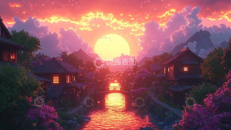 高清大图下载【趣麦麦图】绚烂日落下的唯美村庄