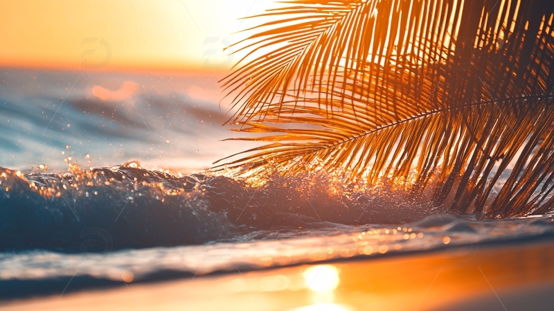 高清大图下载【趣麦麦图】日落海滩棕榈叶浪花