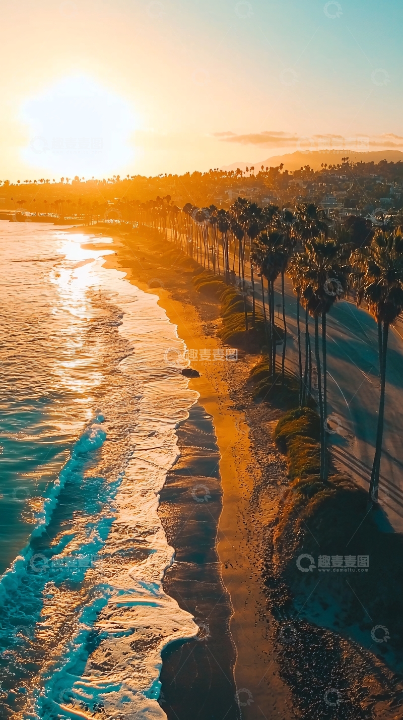 高清大图下载【趣麦麦图】落日余晖下的海滩公路