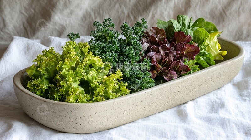 高清大图下载【趣麦麦图】长形浅灰色陶瓷菜盆里各种绿叶蔬菜