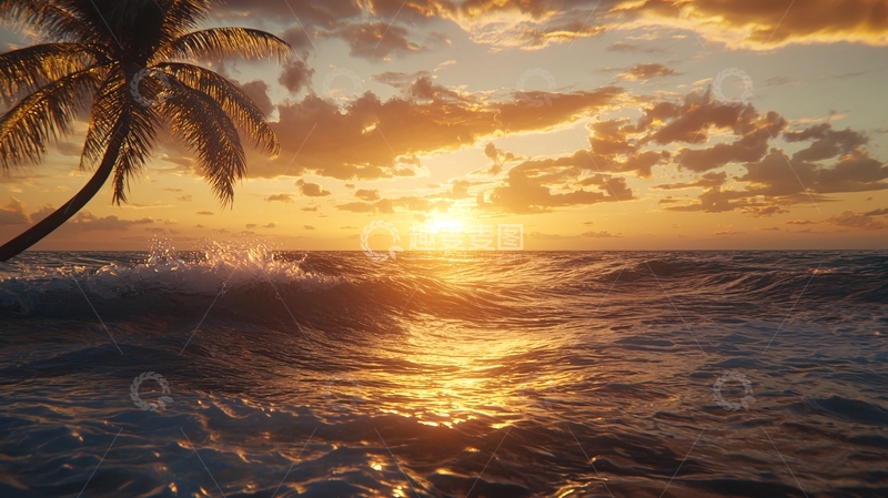 高清大图下载【趣麦麦图】海边日落椰子树