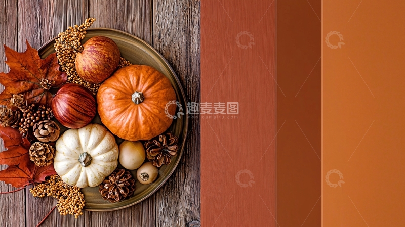 高清大图下载【趣麦麦图】秋日南瓜与落叶的静物摆设