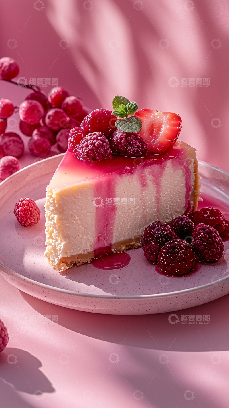 高清大图下载【趣麦麦图】粉色背景下的浆果芝士蛋糕
