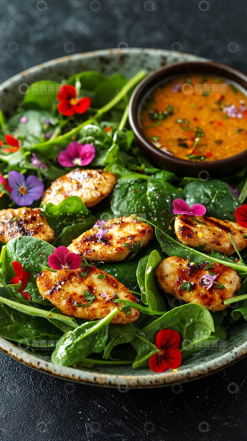 高清大图下载【趣麦麦图】烤鸡肉沙拉与鲜花