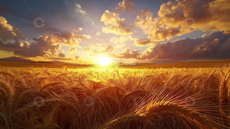 高清大图下载【趣麦麦图】夕阳麦田金黄景色