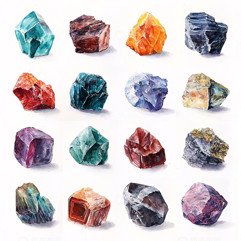 高清大图下载【趣麦麦图】水彩矿石和宝石