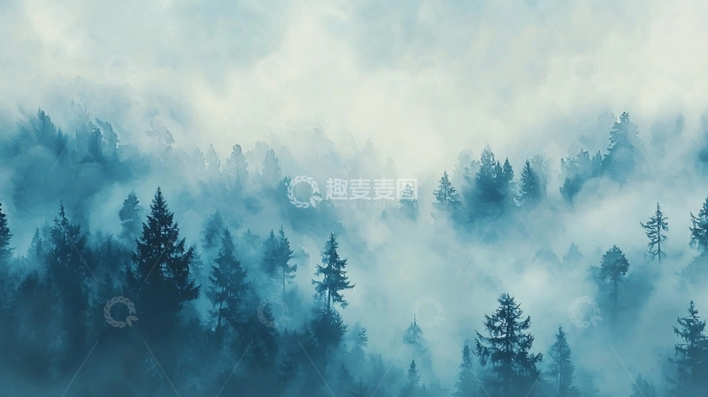 高清大图下载【趣麦麦图】雾气缭绕的松树林