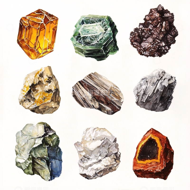 高清大图下载【趣麦麦图】水彩矿物晶体