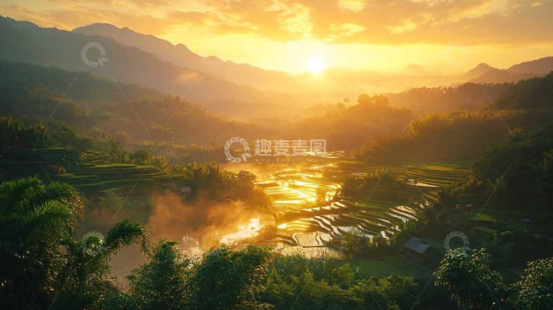 高清大图下载【趣麦麦图】日出山谷梯田风光