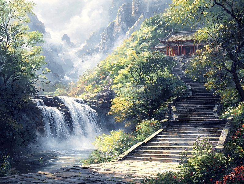 高清大图下载【趣麦麦图】山间瀑布古寺风景