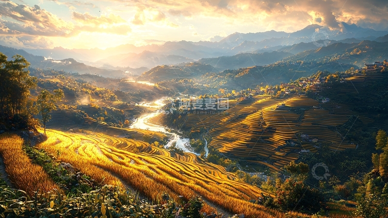 高清大图下载【趣麦麦图】日出山谷梯田美景