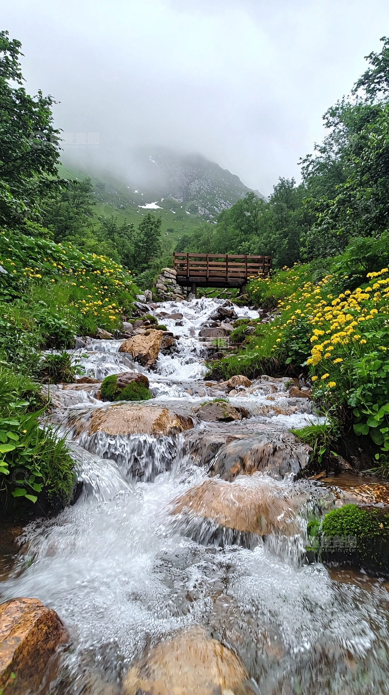 高清大图下载【趣麦麦图】山间溪流木桥云雾缭绕