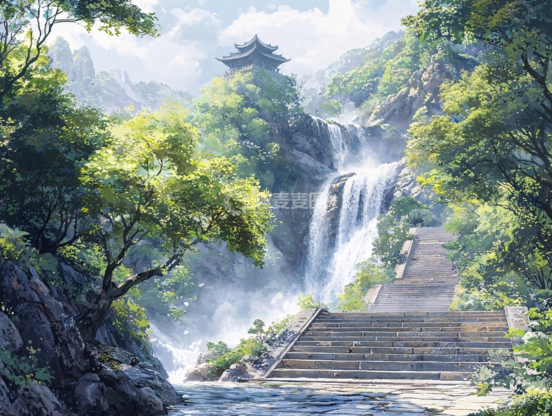 高清大图下载【趣麦麦图】青山绿水瀑布的风景