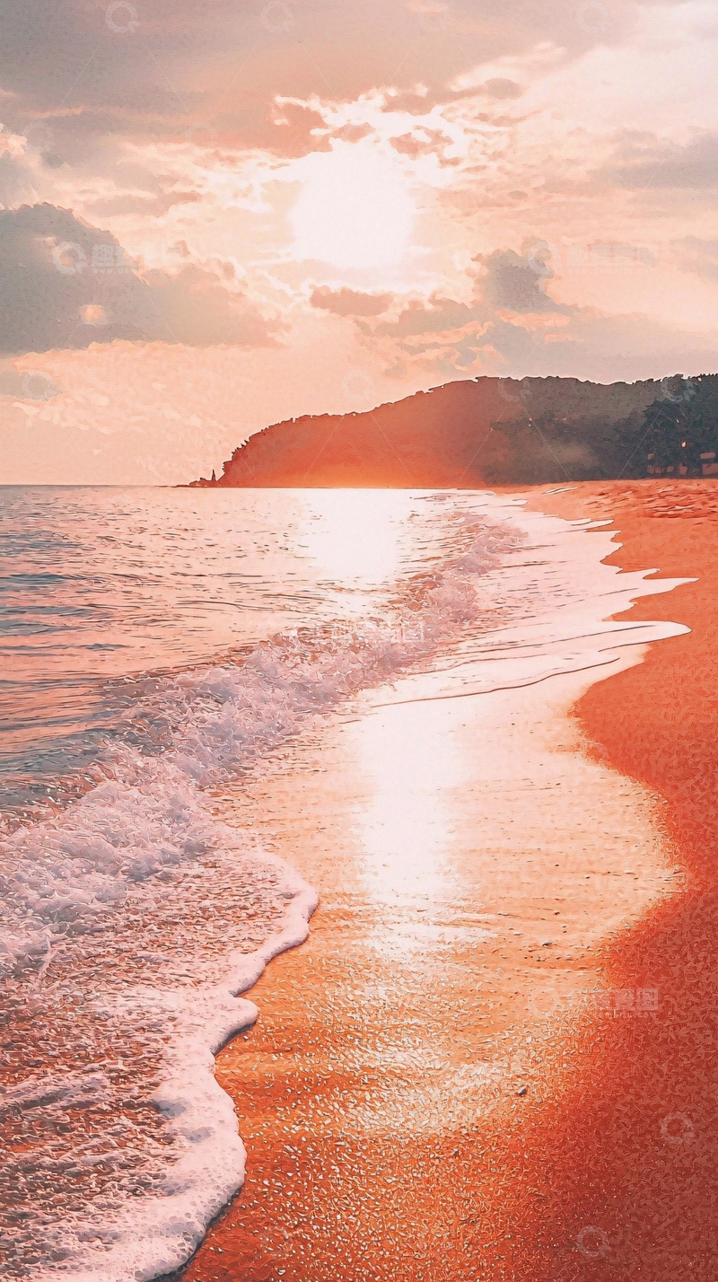高清大图下载【趣麦麦图】日落海滩温柔浪花