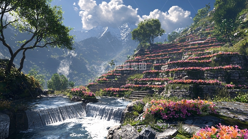 高清大图下载【趣麦麦图】山间梯田瀑布风景