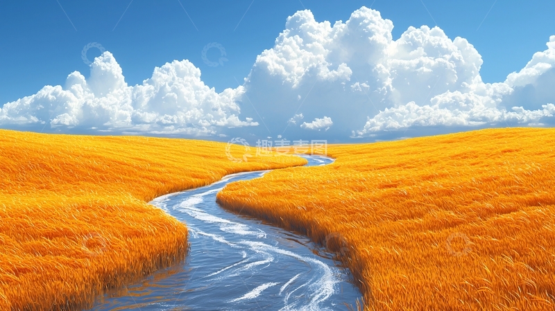 高清大图下载【趣麦麦图】金黄麦田河流蓝天白云