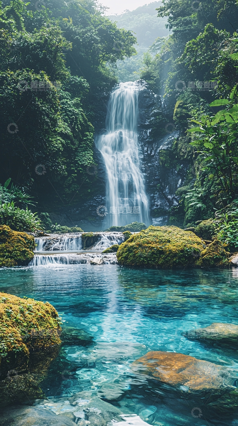 高清大图下载【趣麦麦图】绿意盎然的瀑布景色
