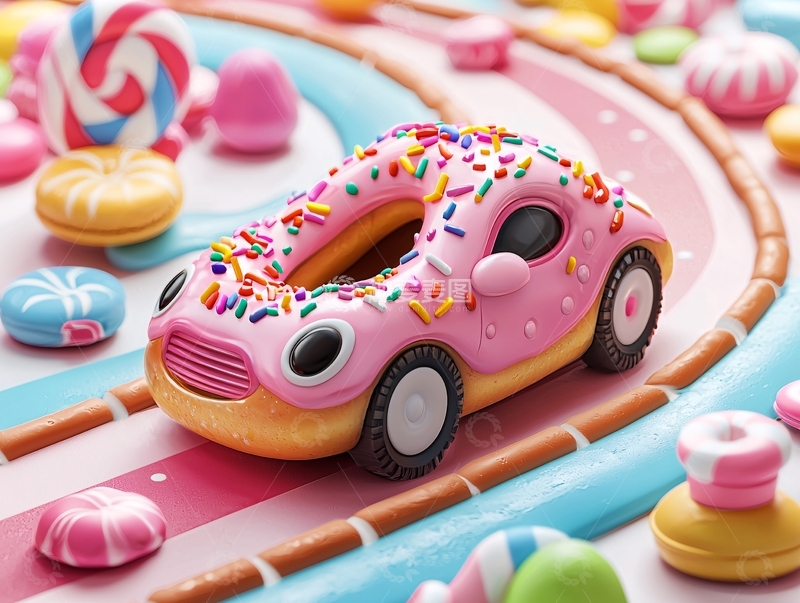 高清大图下载【趣麦麦图】甜甜圈汽车行驶在糖果赛道