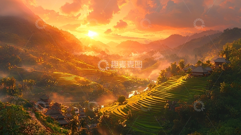 高清大图下载【趣麦麦图】日出山峦梯田美景