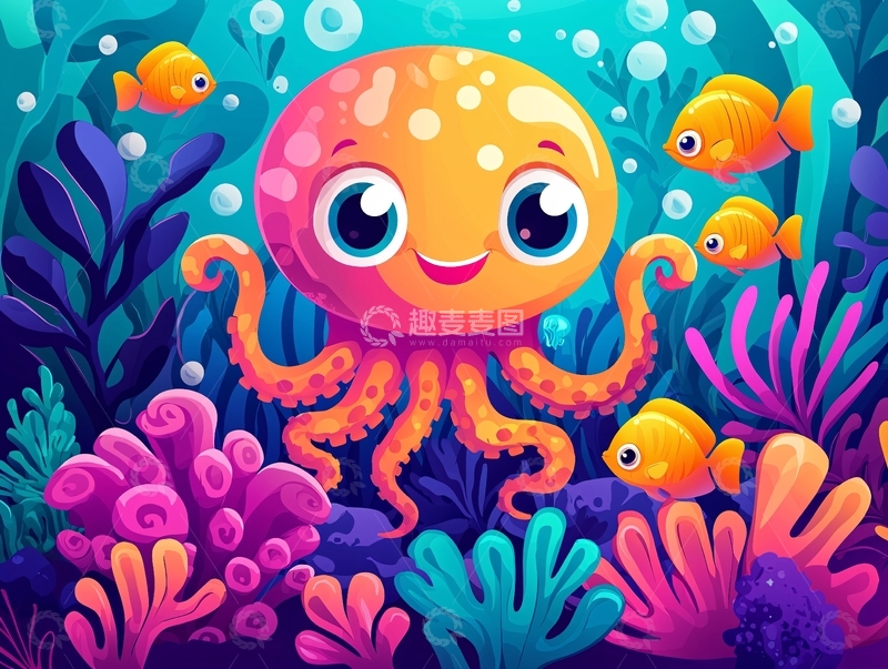 高清大图下载【趣麦麦图】卡通章鱼在珊瑚礁中
