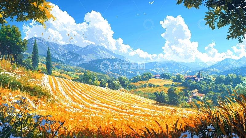 高清大图下载【趣麦麦图】金色麦田远山村庄的风景