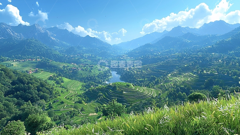 高清大图下载【趣麦麦图】翠绿山谷中的湖泊与远山