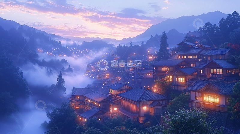 高清大图下载【趣麦麦图】蓝调山水夜景日式村落