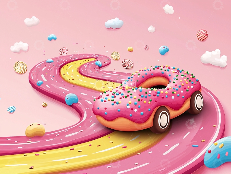 高清大图下载【趣麦麦图】甜甜圈汽车行驶在糖果色道路上