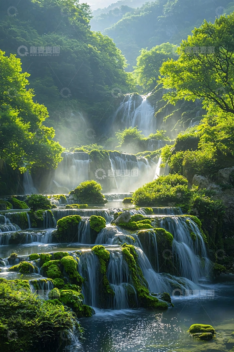 高清大图下载【趣麦麦图】清新绿意瀑布流水潺潺