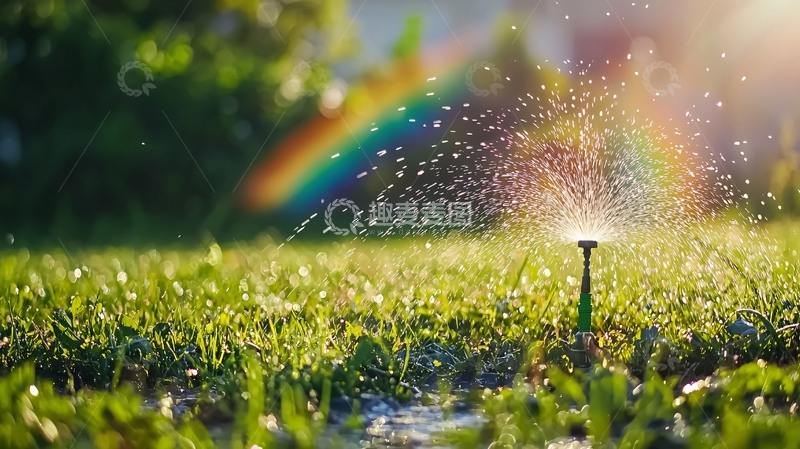 高清大图下载【趣麦麦图】彩虹洒水器喷洒绿草