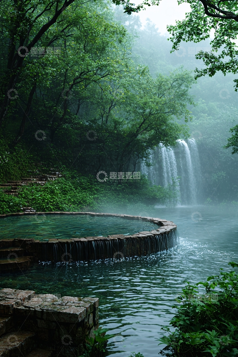 高清大图下载【趣麦麦图】宁静森林中的瀑布泳池