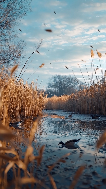 秋日芦苇荡里栖息的野鸭